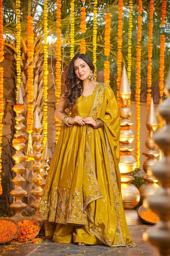 yellow silk sequins embroidered gown